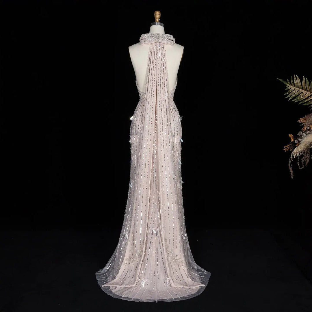 Dreamy Vow SS496 blush pink halter mermaid evening gown back view