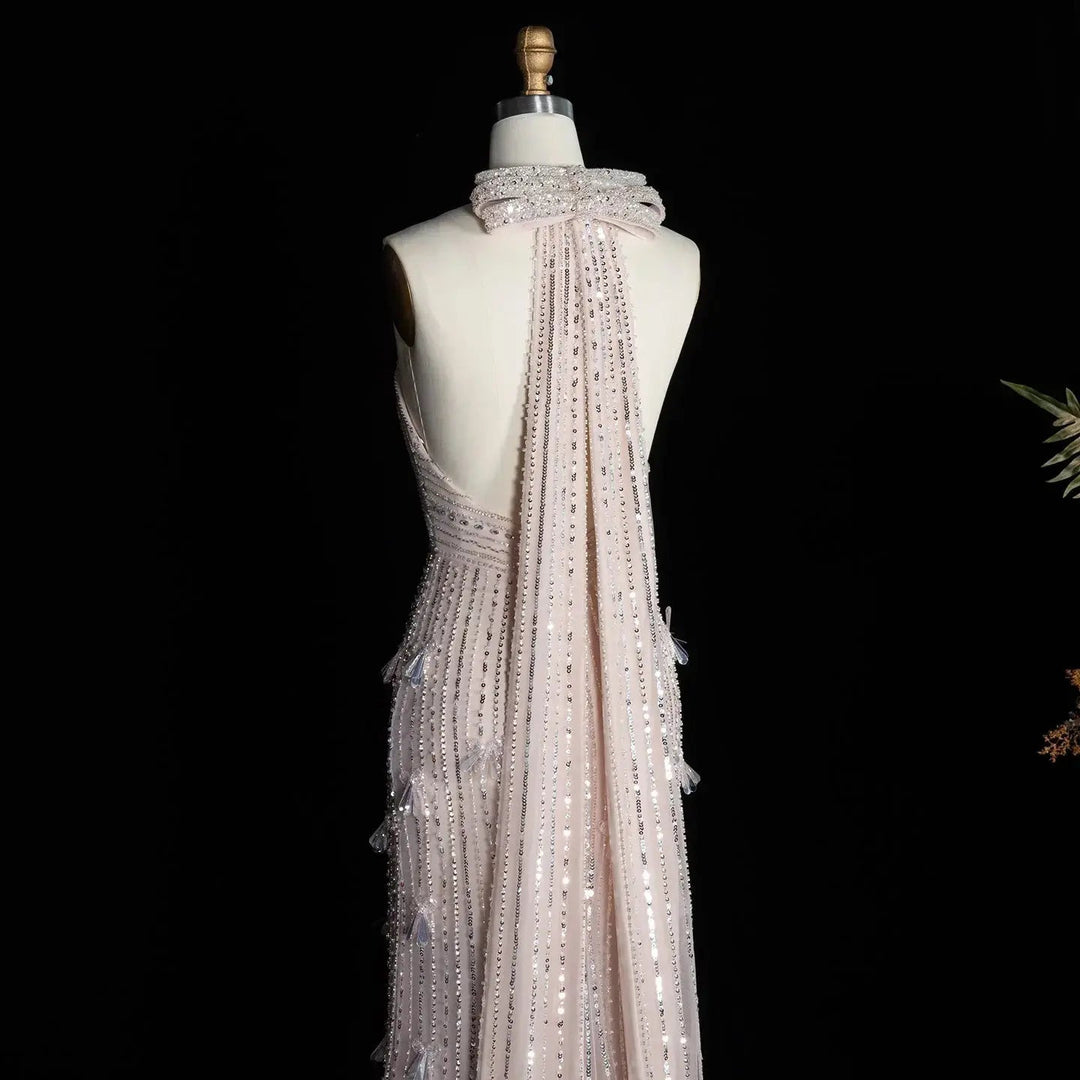 Dreamy Vow SS496 blush pink crystal beaded halter gown back detail