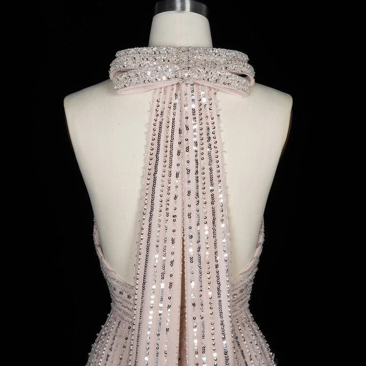 Dreamy Vow SS496 blush pink beaded halter gown back bodice closeup