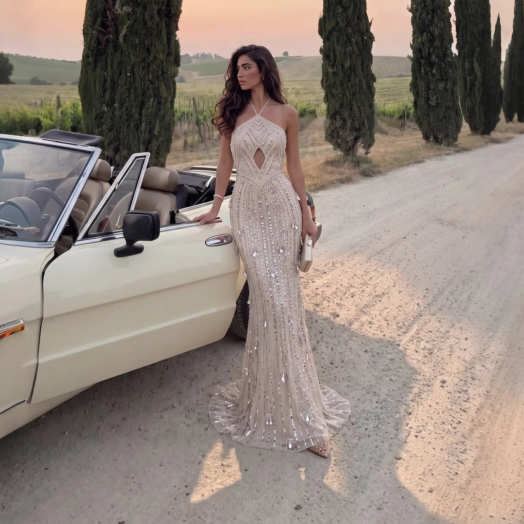 Dreamy Vow SS496 blush pink beaded halter mermaid evening dress model full view