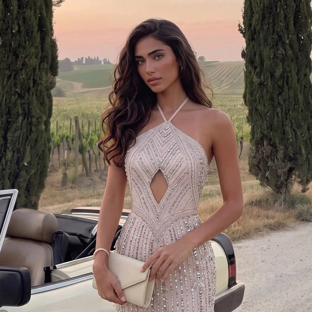 Dreamy Vow SS496 blush pink beaded halter evening gown model bodice view