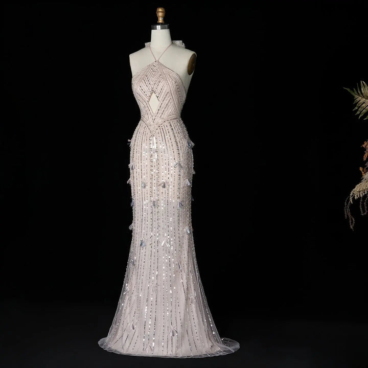 Dreamy Vow SS496 blush pink crystal beaded halter mermaid evening gown front view