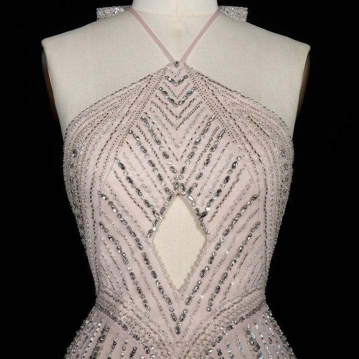 Dreamy Vow SS496 blush pink beaded halter mermaid gown crystal detail