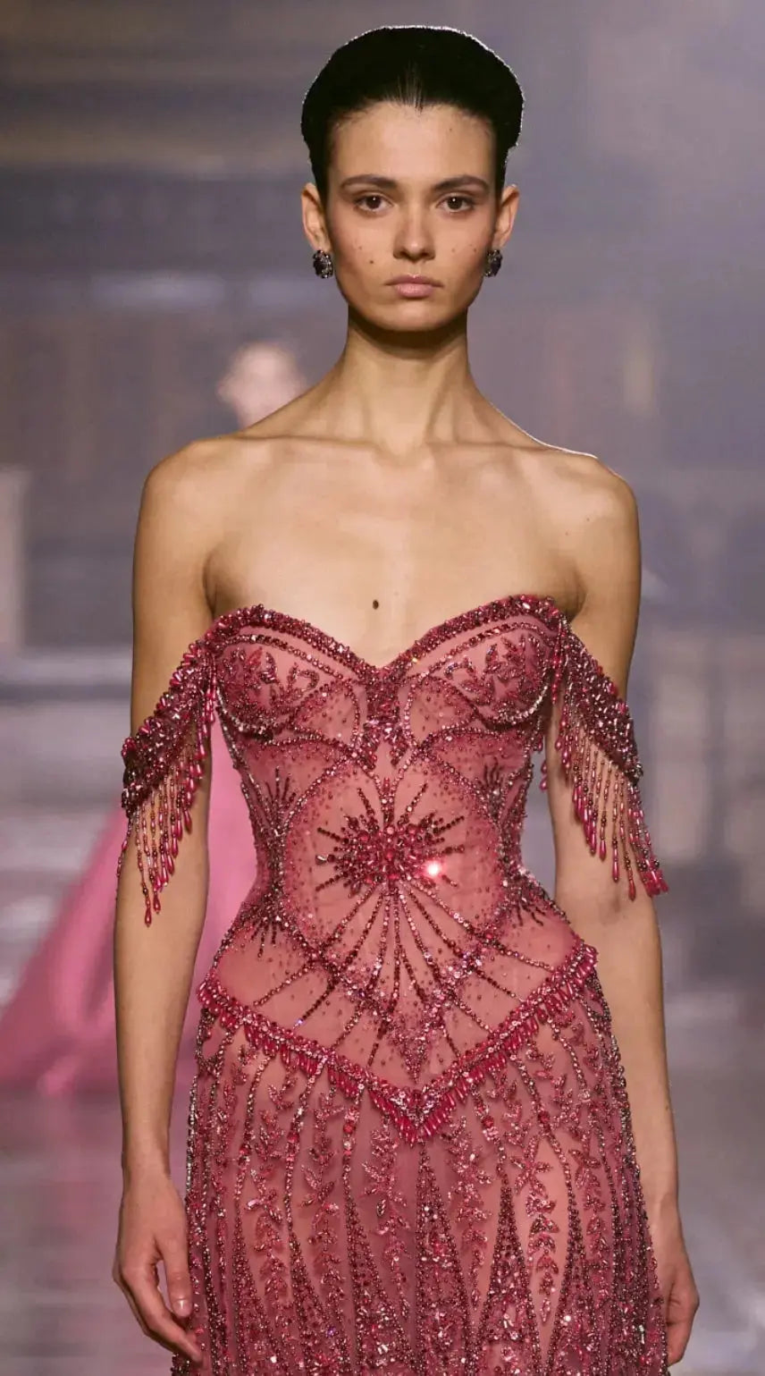 Dreamy Vow SS516 fuchsia beaded tassel evening dress close bodice detail