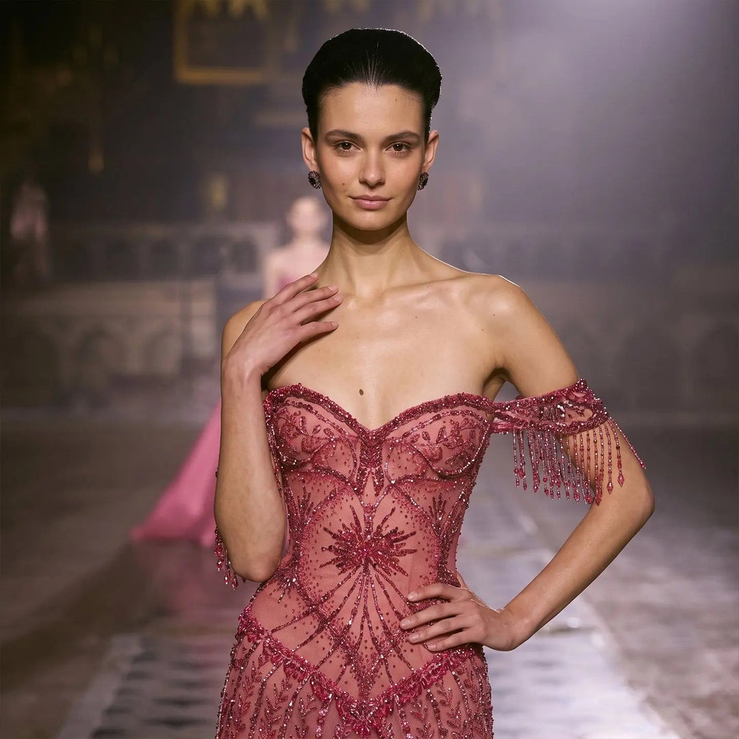 Dreamy Vow SS516 fuchsia beaded tassel evening dress bodice and tassel detail