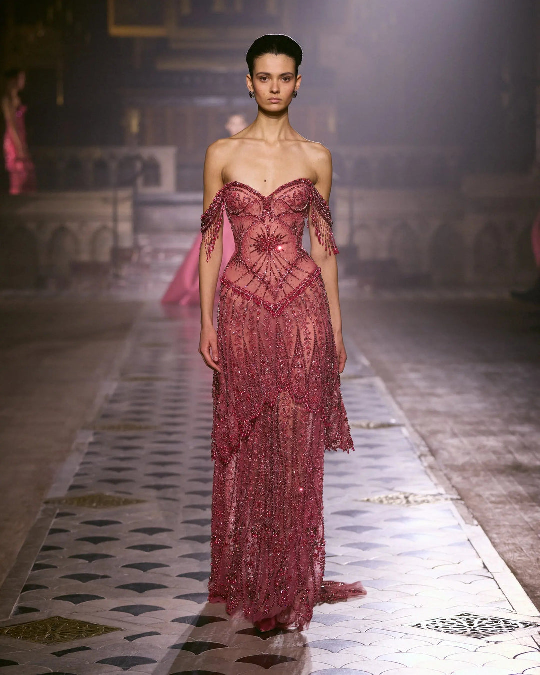 Dreamy Vow SS516 fuchsia beaded tassel mermaid evening dress full front view