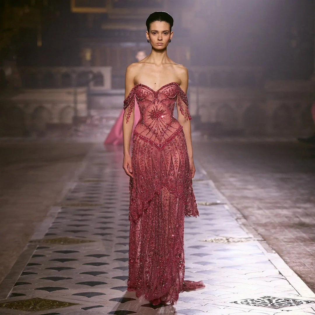 Luxury Fuchsia Off-Shoulder Beaded Tassel Mermaid Evening Dress SS516