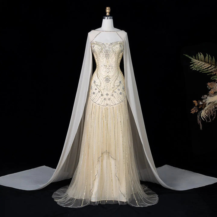 Dreamy Vow SS526 ivory crystal beaded cape mermaid evening gown