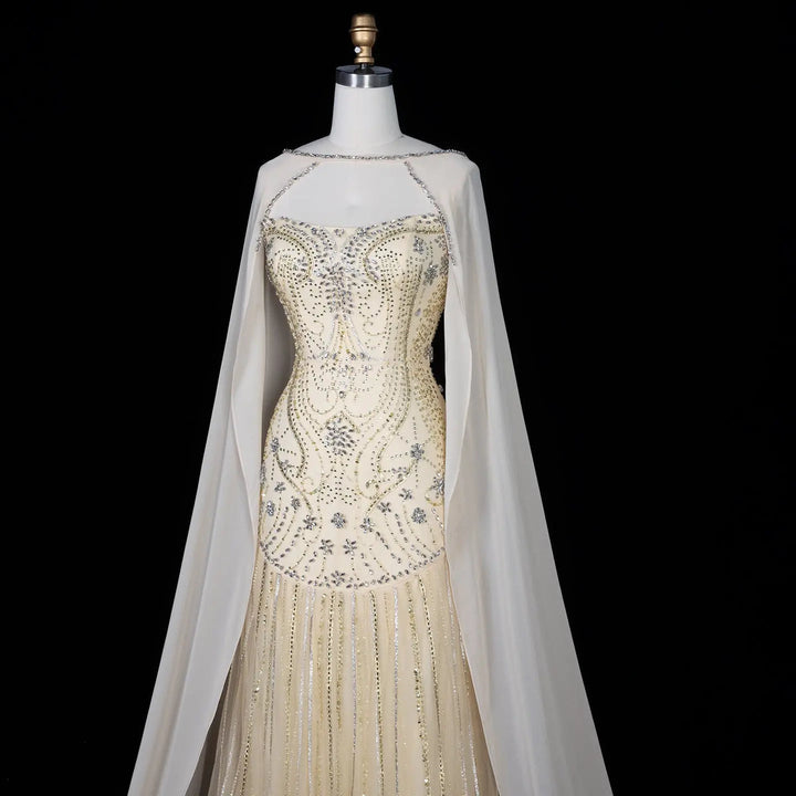 Dreamy Vow SS526 ivory crystal beaded cape mermaid evening gown