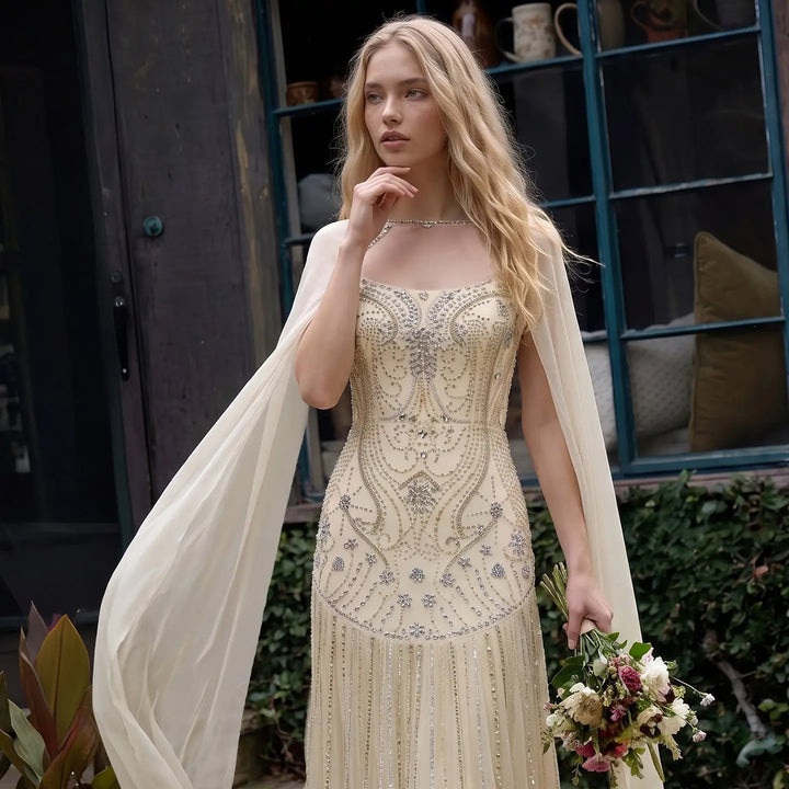 Dreamy Vow SS526 ivory crystal beaded cape mermaid evening gown