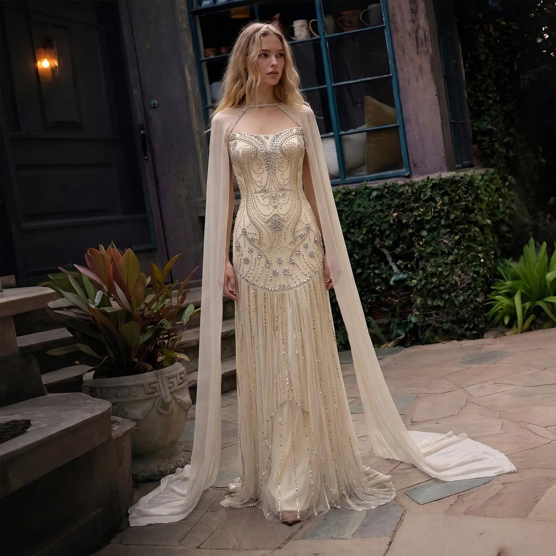 Dreamy Vow SS526 ivory crystal beaded cape mermaid evening gown