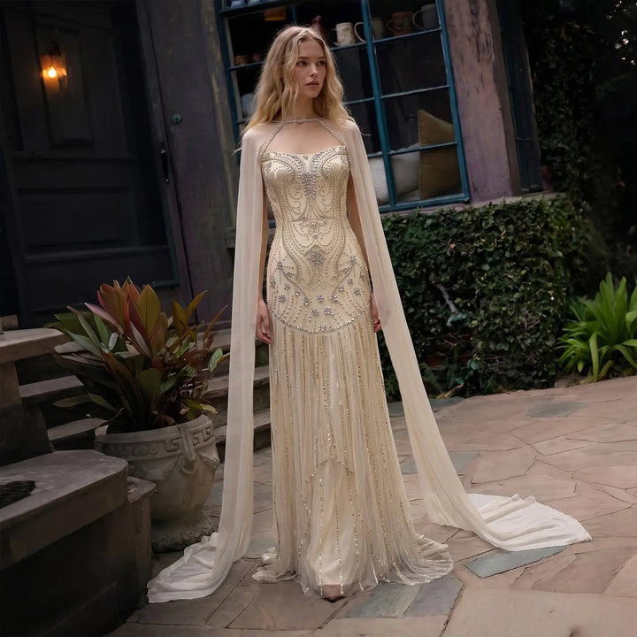 Dreamy Vow SS526 ivory crystal beaded cape mermaid evening gown