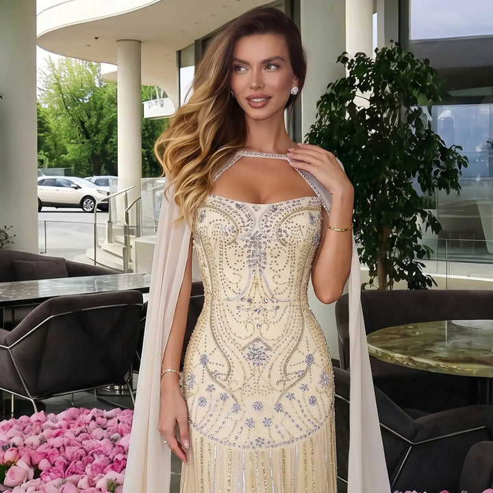 Dreamy Vow SS526 ivory crystal beaded cape mermaid evening gown
