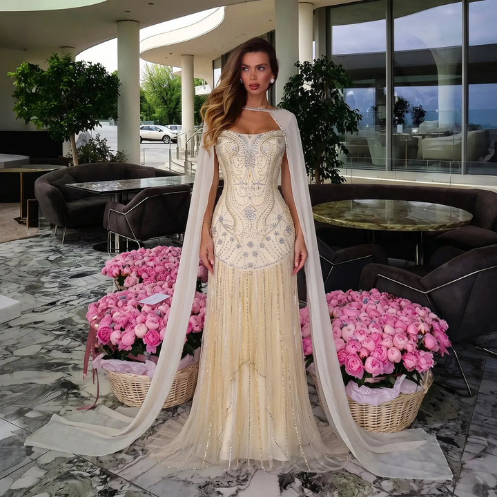 Dreamy Vow SS526 ivory crystal beaded cape mermaid evening gown