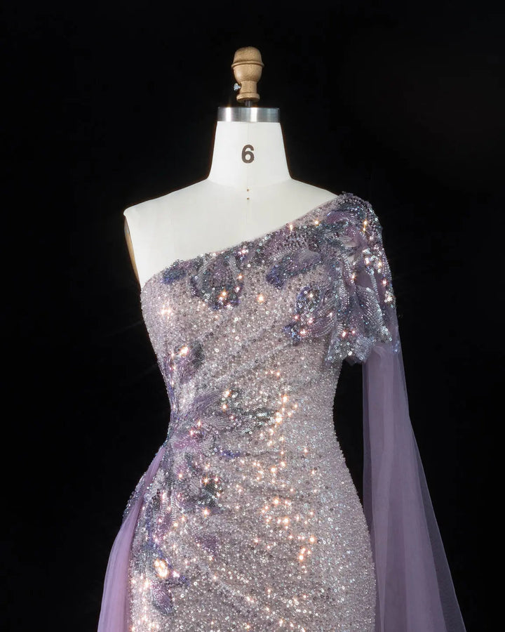 Dreamy Vow SS537 purple sequin one shoulder cape column evening gown
