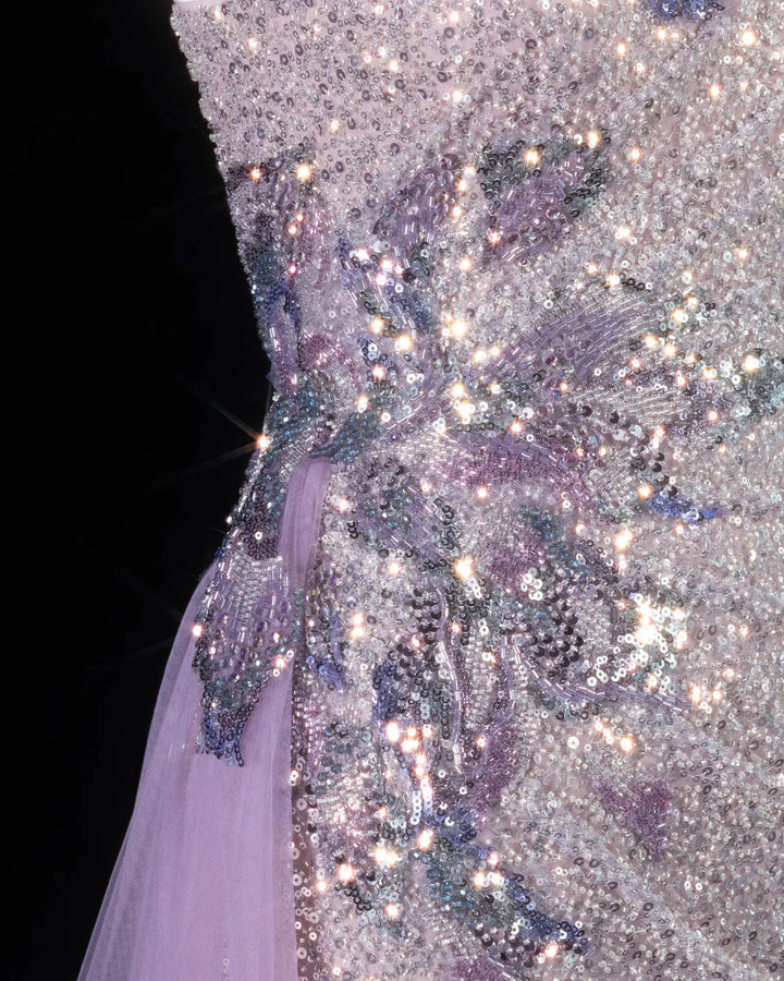 Dreamy Vow SS537 purple sequin one shoulder cape column evening gown