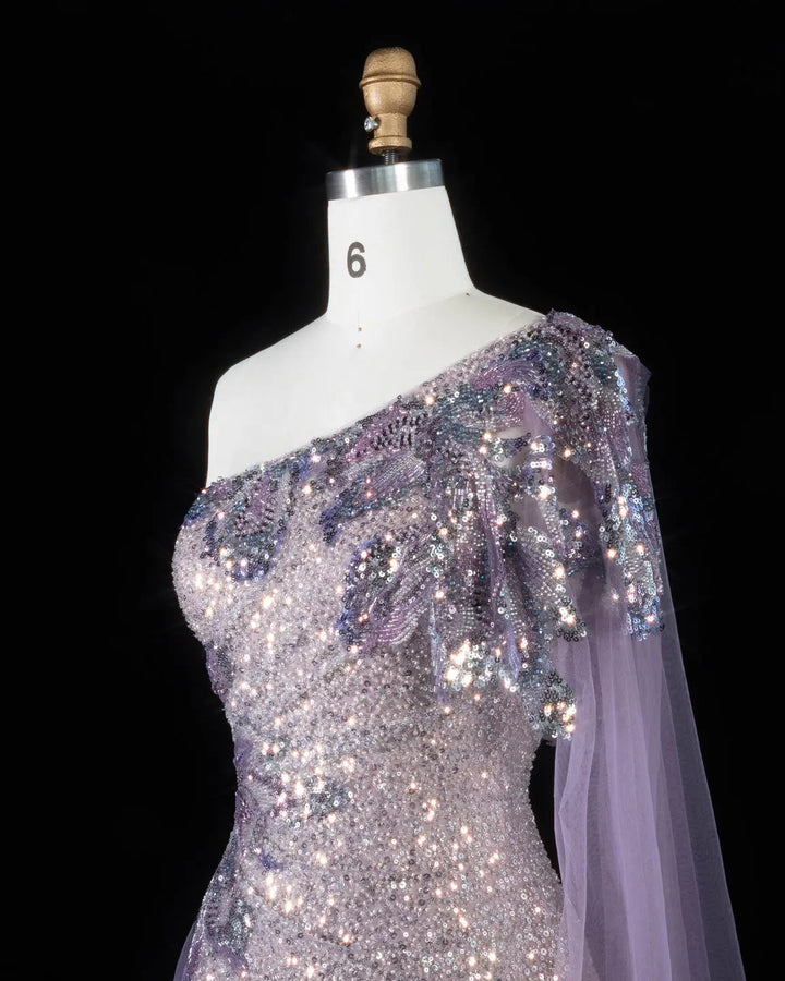 Dreamy Vow SS537 purple sequin one shoulder cape column evening gown
