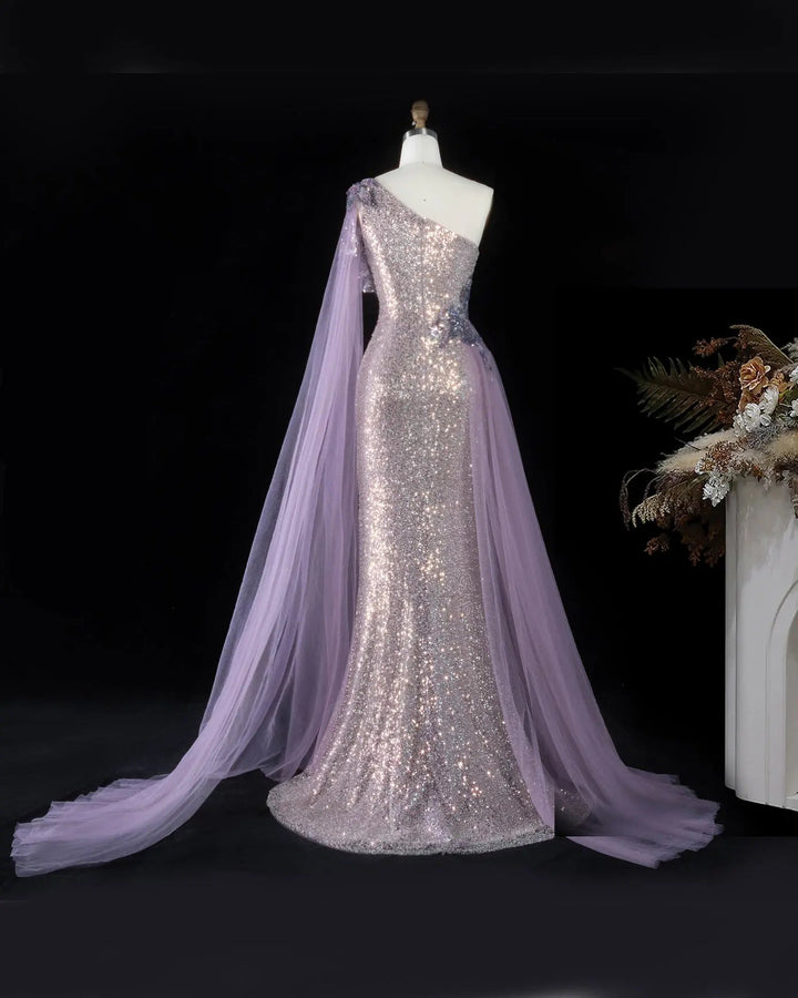 Dreamy Vow SS537 purple sequin one shoulder cape column evening gown