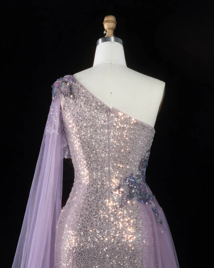 Dreamy Vow SS537 purple sequin one shoulder cape column evening gown