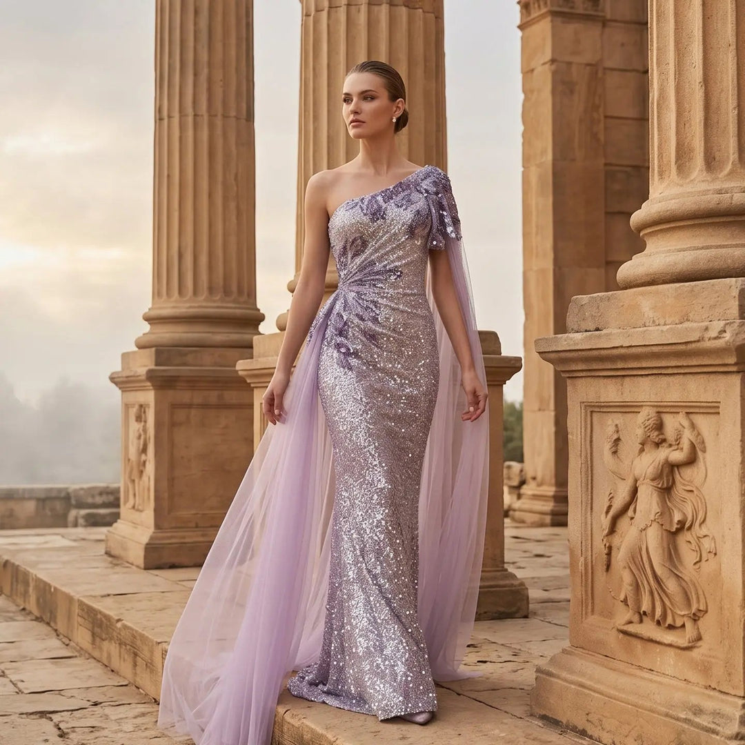 Dreamy Vow SS537 purple sequin one shoulder cape column evening gown