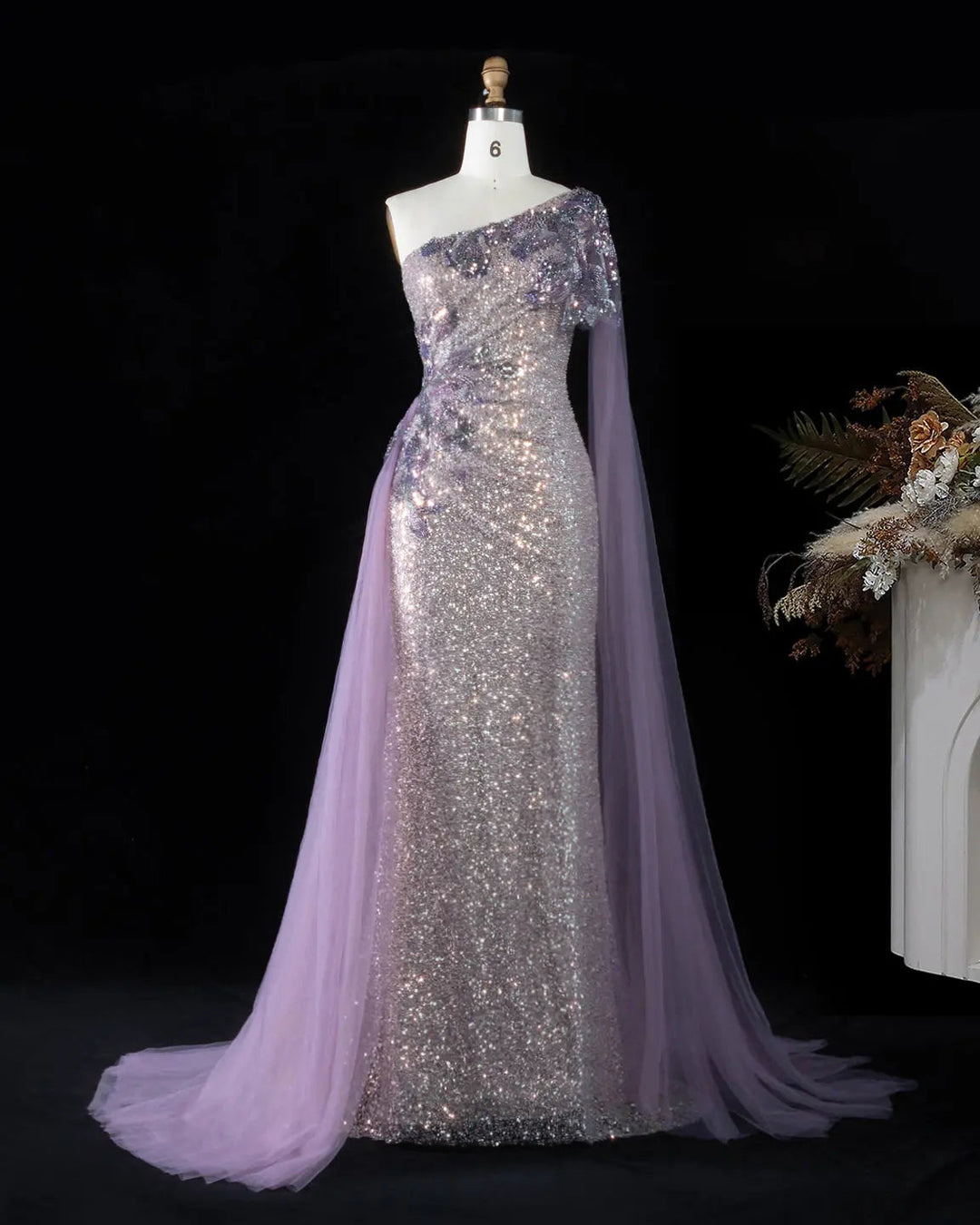 Dreamy Vow SS537 purple sequin one shoulder cape column evening gown