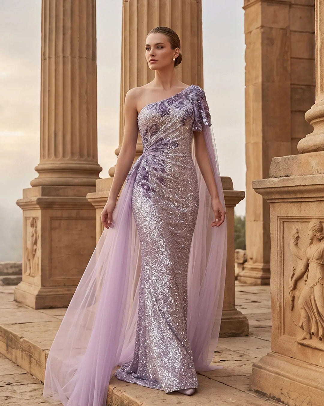 Dreamy Vow SS537 purple sequin one shoulder cape column evening gown
