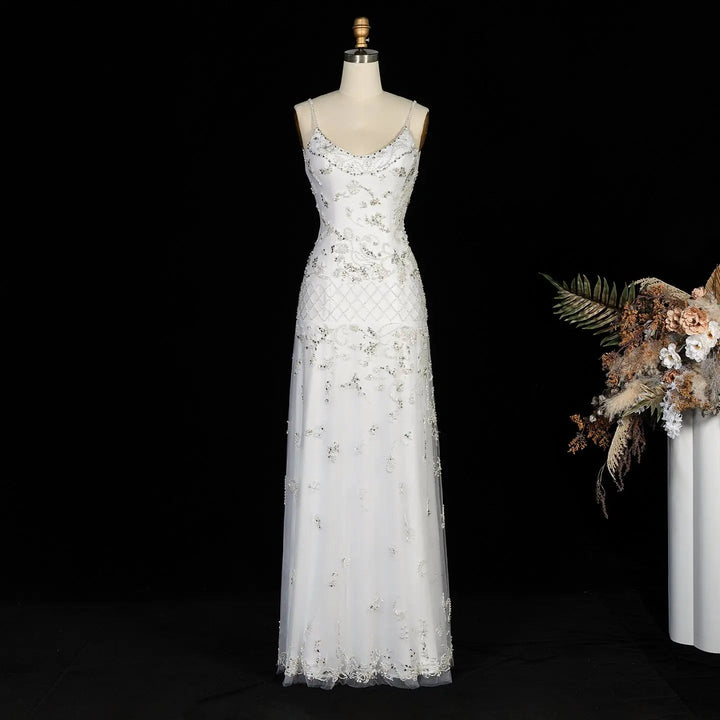 Dreamy Vow SS576 white spaghetti strap beaded column evening gown