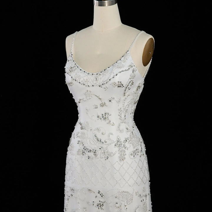 Dreamy Vow SS576 white spaghetti strap beaded bodice view