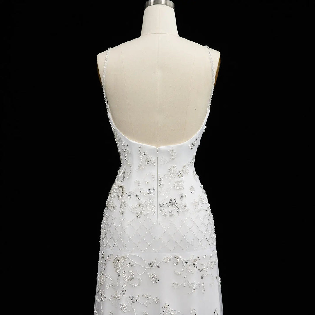 Dreamy Vow SS576 white spaghetti strap beaded column evening gown back