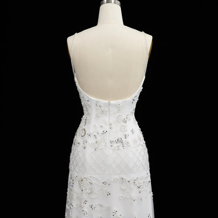 Dreamy Vow SS576 white spaghetti strap beaded column evening gown back