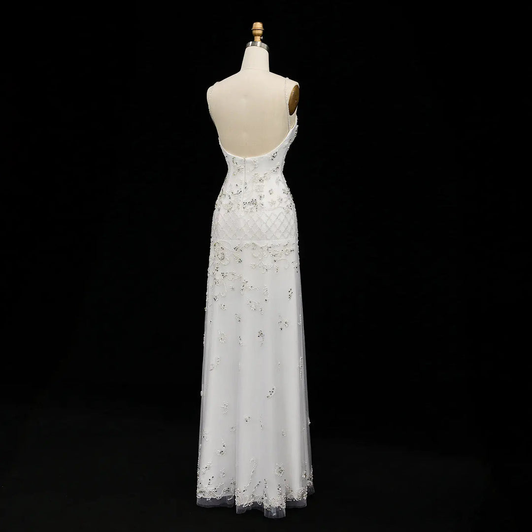 Dreamy Vow SS576 white spaghetti strap beaded column evening gown back view