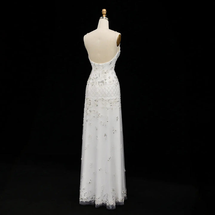 Dreamy Vow SS576 white spaghetti strap beaded column evening gown back view