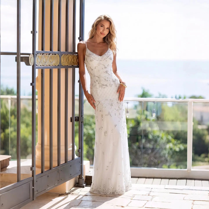 Dreamy Vow SS576 white spaghetti strap beaded column evening gown full model