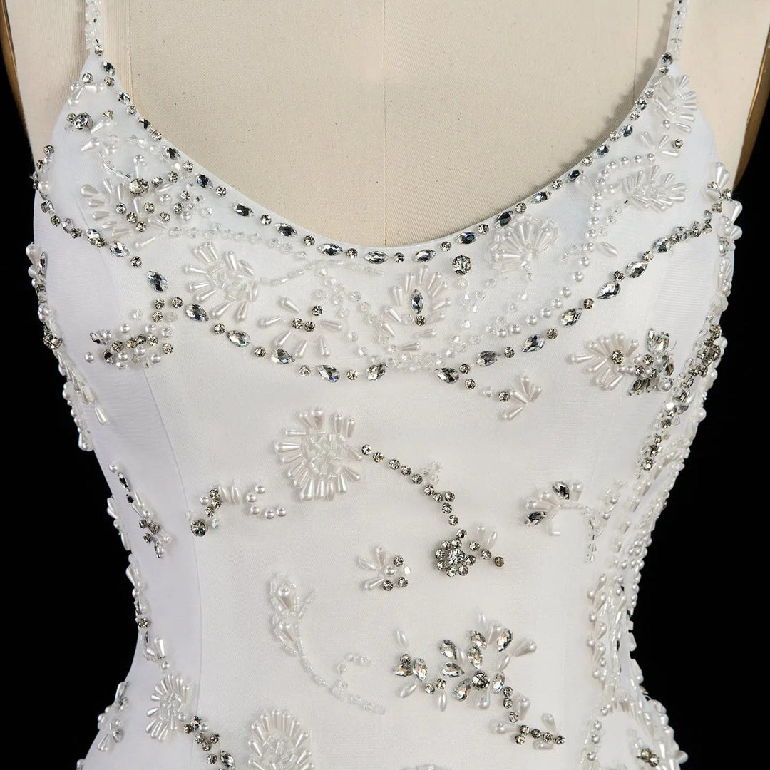 Dreamy Vow SS576 white spaghetti strap beaded bodice detail