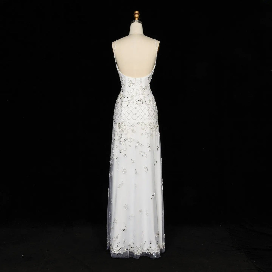 Dreamy Vow SS576 white spaghetti strap beaded column evening gown front