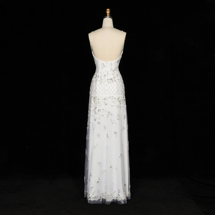 Dreamy Vow SS576 white spaghetti strap beaded column evening gown front