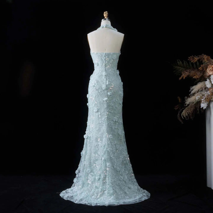 Dreamy Vow SS603 aqua 3D floral halter mermaid evening dress back view