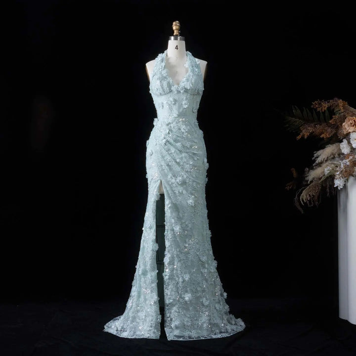 Dreamy Vow SS603 aqua 3D floral halter mermaid evening dress front view