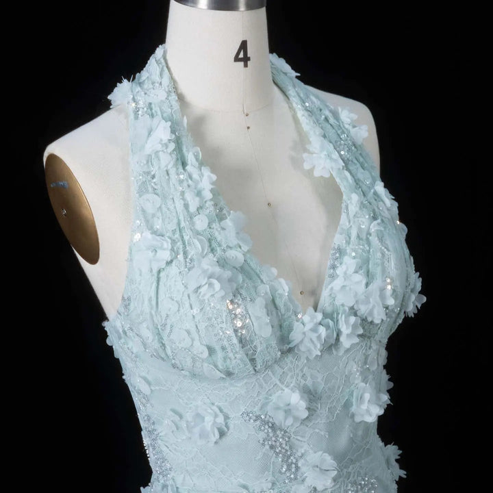 Dreamy Vow SS603 aqua halter V neck 3D floral bodice detail