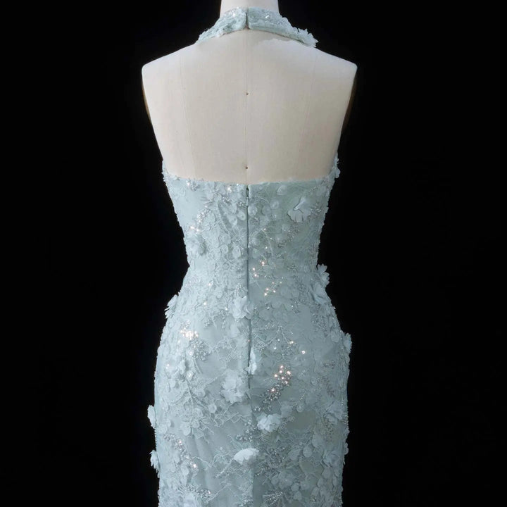 Dreamy Vow SS603 aqua back zipper 3D floral detail