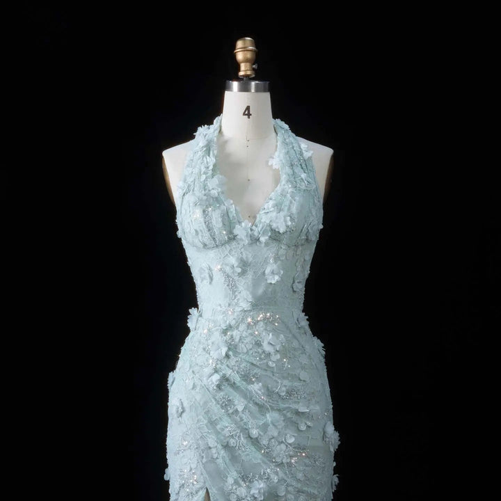 Dreamy Vow SS603 aqua sequin lace 3D floral bodice detail