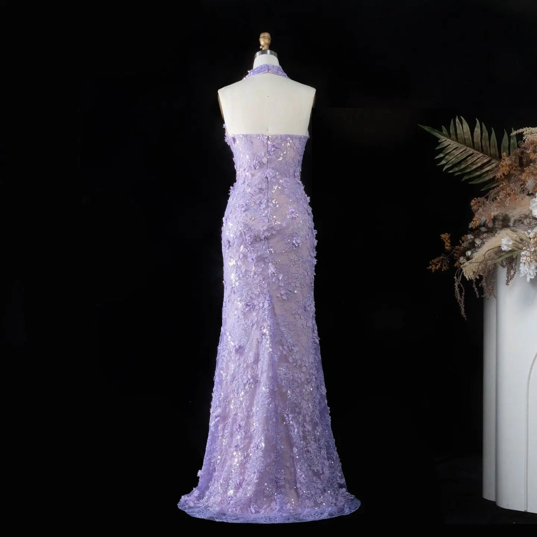 Dreamy Vow SS603 lilac 3D floral halter mermaid evening dress back view