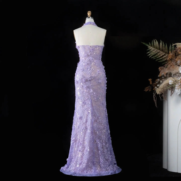 Dreamy Vow SS603 lilac 3D floral halter mermaid evening dress back view