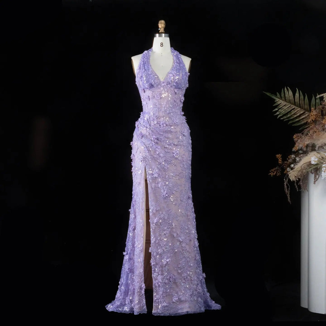 Dreamy Vow SS603 lilac 3D floral halter mermaid evening dress front view
