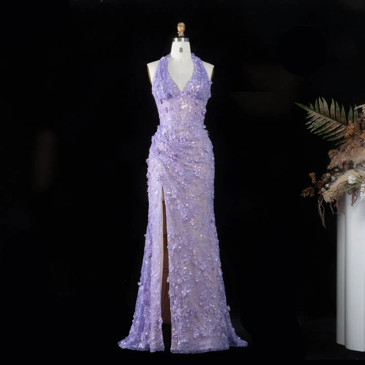 Dreamy Vow SS603 lilac 3D floral halter mermaid evening dress front view