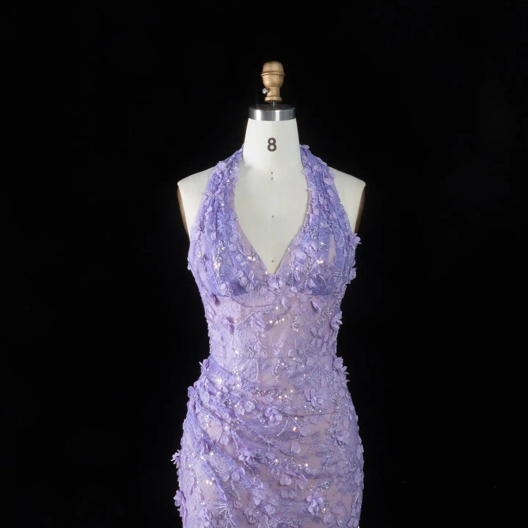 Dreamy Vow SS603 lilac halter V neck bodice detail