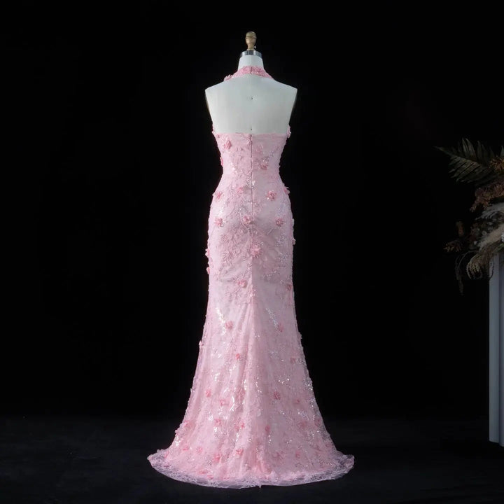 Dreamy Vow SS603 pink 3D floral halter mermaid evening dress back view