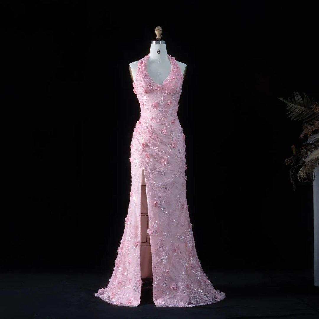 Dreamy Vow SS603 pink 3D floral halter mermaid evening dress front view