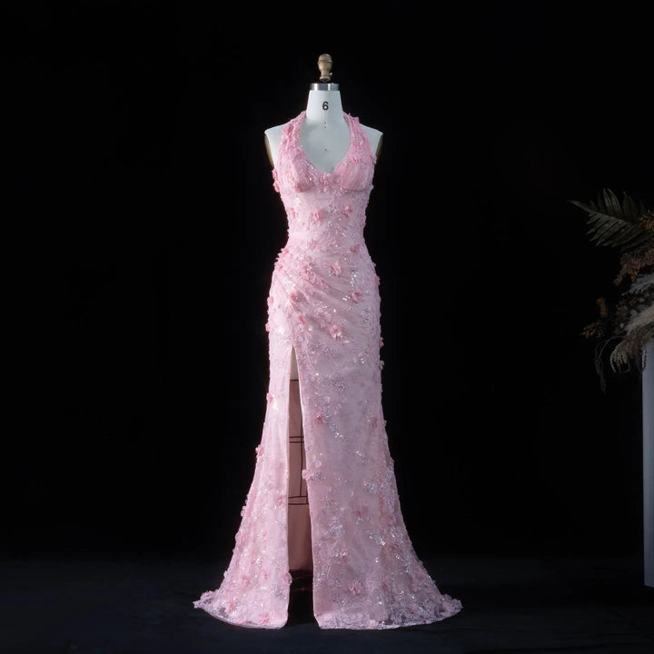 Dreamy Vow SS603 pink 3D floral halter mermaid evening dress front view
