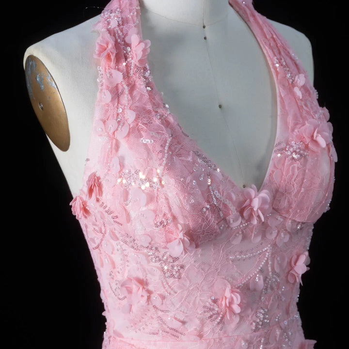 Dreamy Vow SS603 pink halter V neck bodice detail